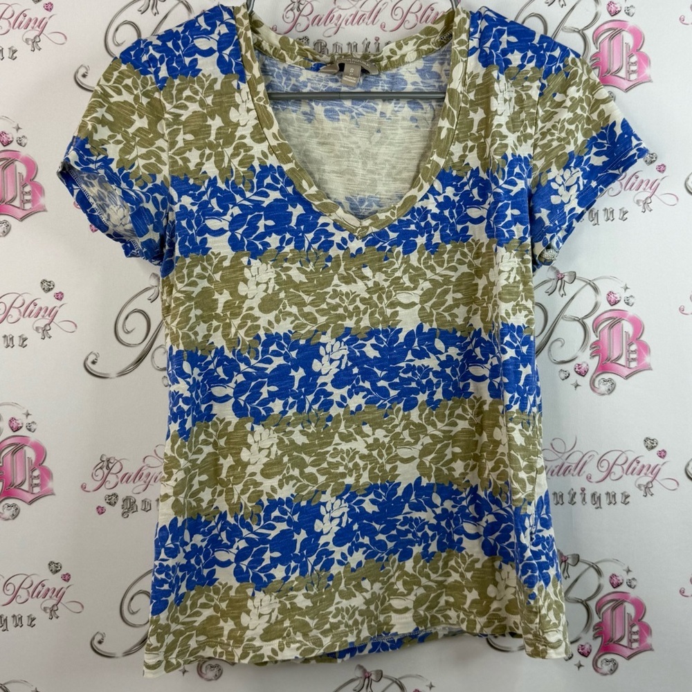 Banana Republic T-shirt top striped white Blue and Tan Short Sleeve Tee